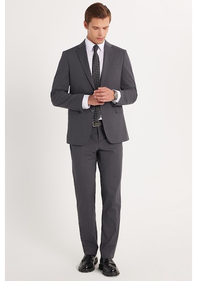 Tudors Erkek Slim Fit Mono Yaka Likralı Esnek Kumaş Füme Takım Elbise-33906 Füme
