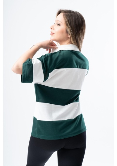 Kadın Polo Yaka Çizgili Oversize T-shirt 001