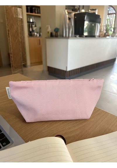 Soft Keten Yıkanabilir Fermuarlı Tek Gözlü Bez Kalemlik Kalem Kutusu Cüzdan Makyaj Çantası Açık Pembe Genel
