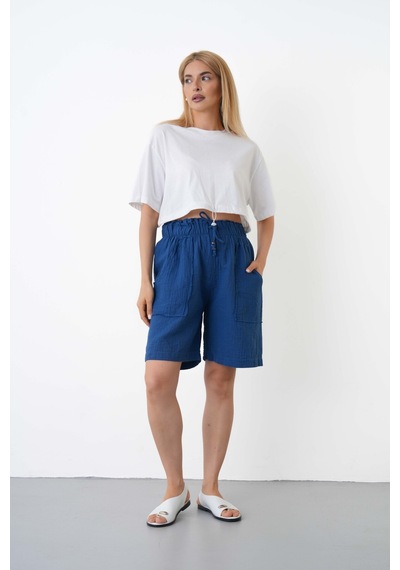 The Voler Müslin Şort Kadın Yüksek Bel Oversize Rahat Kesim Cepli %100 Pamuklu Yazlık Şort Mavi The Voler Müslin Şort Kadın Yüksek Bel Oversize Rahat Kesim Cepli %100 Pamuklu Yazlık Şort Mavi
