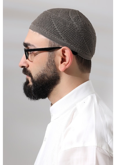 Kahverengi Dantel Detaylı Örme Gold Namaz Takkesi