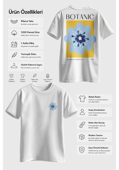 Spoyi Botanic Tasarımlı %100 Pamuk Yarım Oversize Beyaz T-shirt