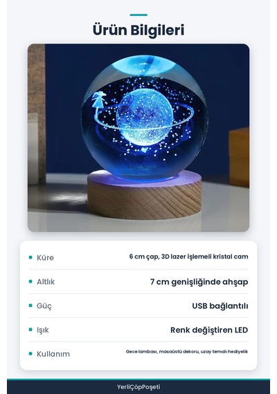 Işıklı Kristal Cam Küre - Satürnlü Kız Figürlü - Ahşap Altlıklı - Usb Gece Lambası Standart