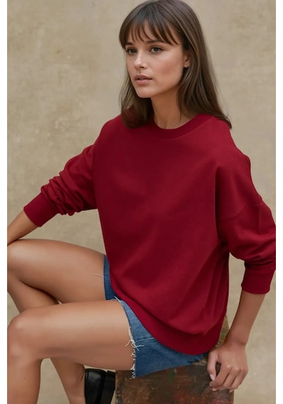 Hiccup Oversize Bisiklet Yaka Basic Sweatshirt Bordo Kırmızı