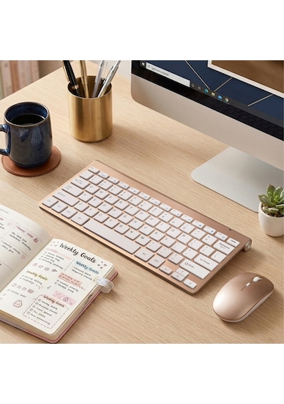 Premium Gold Klavye Mouse Seti - Sessiz Kablosuz Mini - Altın Serisi Optik