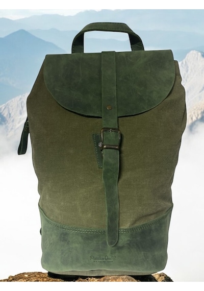 Old Cotton Cargo Vintage Kanvas Deri Su Geçirmez Design Unisex Günlük Gezi Okul Seyahat Kamp Sırt Çantası 24x40cm Haki