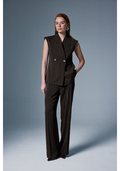 Sateen Anna Çizgili Pantolon - Kahve-137089 Kahve