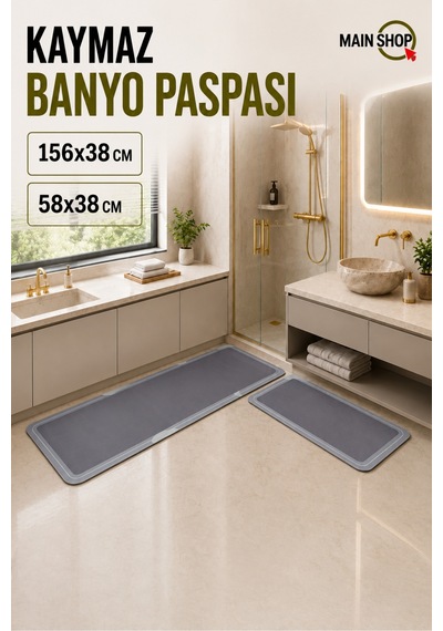 Mainshop 2 Li Set Sihirli Su Emici Mutfak Banyo Paspası Kaymaz Tabanlı 156x38 Cm Takım 38x58 Cm Yazısız Model M-62 Gri