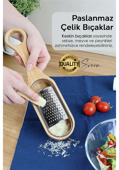 Doğal Ahşap Bambu Saplı Hazneli Rende Peynir Limon Zencefil Sarımsak El Rendesi Asma Sap Çok Renkli