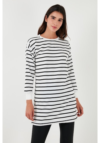 Lela Modest Çizgili Pamuklu Regular Fit Bisiklet Yaka Bayan Tunik 5865784 Beyaz