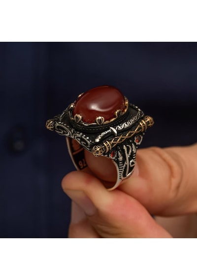 Oval Akik Taşlı Elifvav 925 Ayar Gümüş Yüzük Gümüş