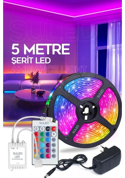 5 Metre Rgb Şerit Led Aydınlatma Seti - Tak Çalıştır Ambiance Light - Uzaktan Kumandalı Ve Adaptörlü Çok Renkli