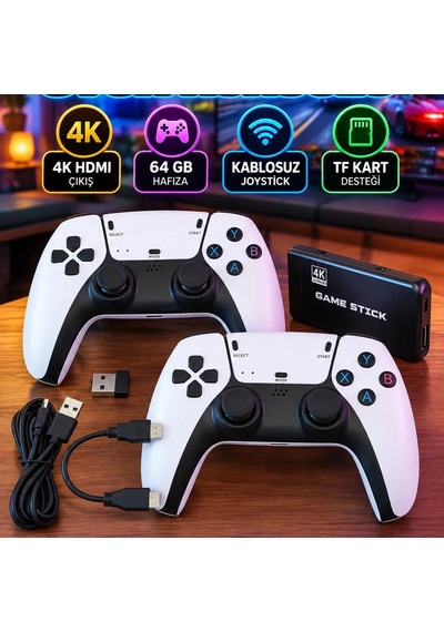 4k Hdmı Retro Oyun Konsolu 64 Gb Hafıza, Kablosuz Joystick Ve Tf Kart Desteği