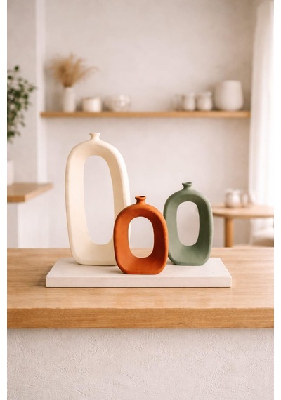 Modern Beton Dekoratif Vazo Seti 3 Lü Bohem & Minimal Tasarım 35 Cm 21 Cm 18 Cm Beyaz-adaçayı-tarçın