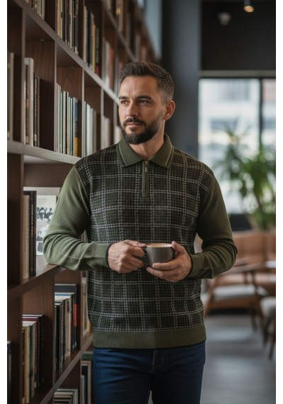 Kamalı Erkek Haki Tüylenme Yapmayan Standart Fit Normal Kesim Kazayağı Desen Polo Yaka Triko Kazak Kamalı Erkek Haki Tüylenme Yapmayan Standart Fit Normal Kesim Kazayağı Desen Polo Yaka Triko Kazak