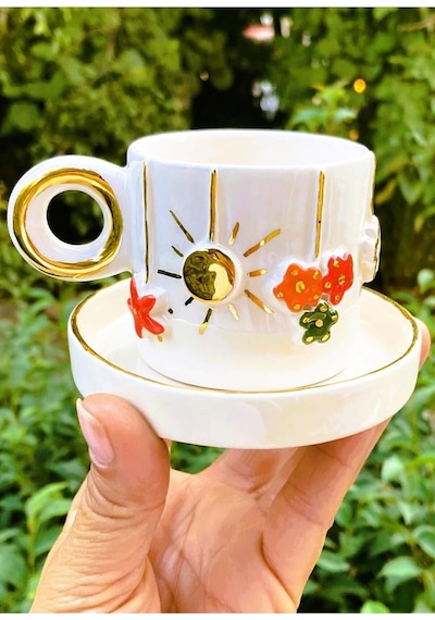 Premium Kalite 24 Ayar Altın Detaylı El Yapımı Fincan Christmas Cup Espresso Demitasse Cw00042 Beyaz - Çok Renkli