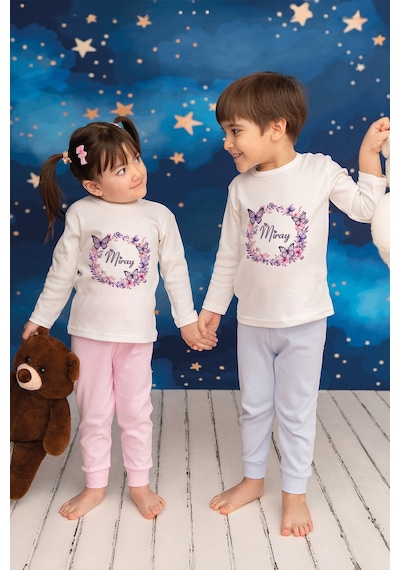 Pia Baby İsme Özel Kız Çocuk Pijama Takımı %100 Pamuk Penye İsim Baskılı Kişiye Özel Çocuk Pijaması 10904p14pi Krem