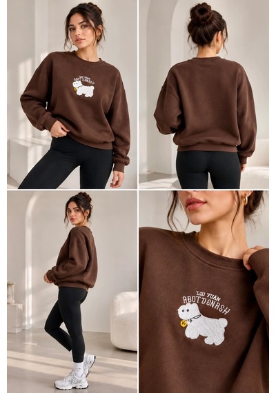 Bbbutikbasic Kadın Kuzu Nakışlı Bisiklet Yaka 3 İplik Sweatshirt My3535 Kahverengi