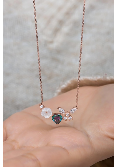 925 Ayar Gümüş Manolya Çiçeği Mistik Topaz Taşlı Kalp Yusufcuk Kolye Rose Gold