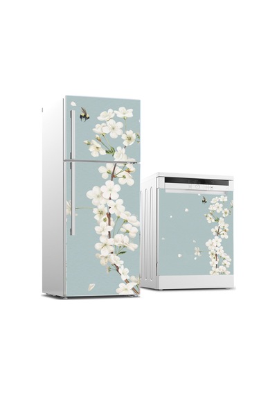 Beyaz Çiçek Dalı Buzdolabı Ve Bulaşık Makinesi Kaplama Sticker Folyo İkili Set
