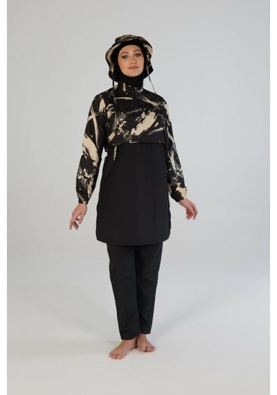 Estiva 26973 Siyah Brushstroke Tam Kapalı Croplu Şapkalı Pantolonlu Tesettür Mayo