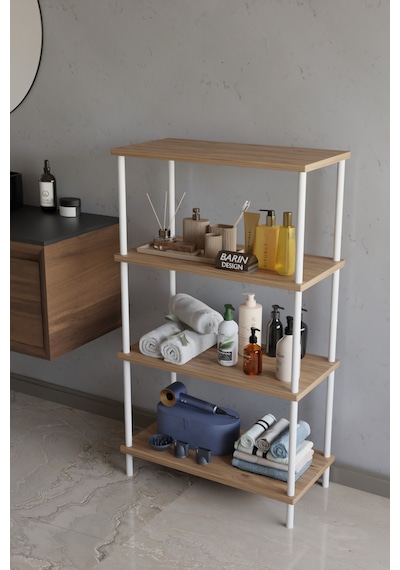 4 Katlı Çevir Kur Metal Gövdeli Banyo Rafı Çok Amaçlı Düzenleyici Organizer Stand Banyo Dolabı Atlantik Çam