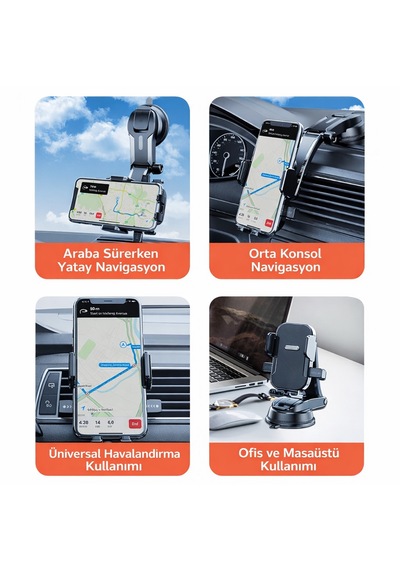360 Ayarlanabilir Vakumlu Araç Telefon Tutucu Torpido&havalandırma Uyumlu Universal Telefon Standı Siyah
