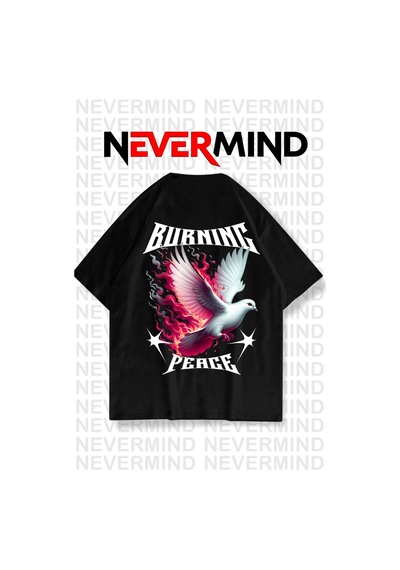 Nevermınd Unisex Burning Peace Baskılı %100 Pamuk Oversize Tişört Siyah Siyah
