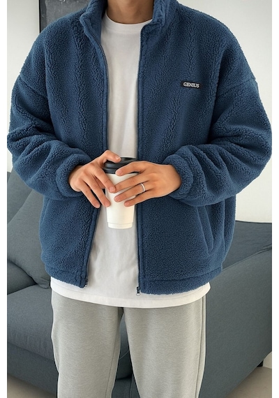 Genius Store Oversize Peluş Tam Fermuarlı Sweatshirt Peluş İçi Polarlı Sherpa Kumaş Sweatshirt İndigo
