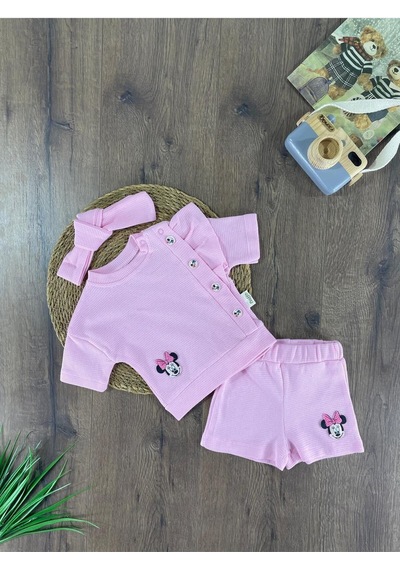 Bebicix Yandan Düğmeli Şortllu İkili Takım Pembe