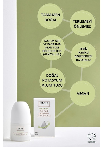 INCIA %100 Doğal Roll On Deodorant Beyazlatıcı Ter Kokusu Önleyici Leke Yapmayan 50 ML