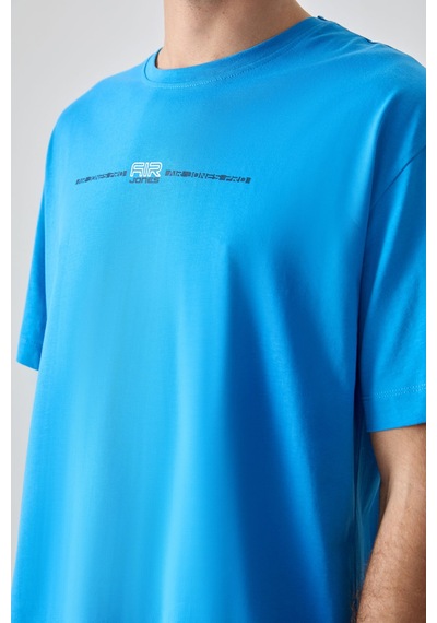Air Jones Tommy Life Petrol Mavi %100 Pamuk Kalın Yumuşak Dokulu Oversize Fit Baskılı Erkek T-shirt - 88357 Petrol Mavi