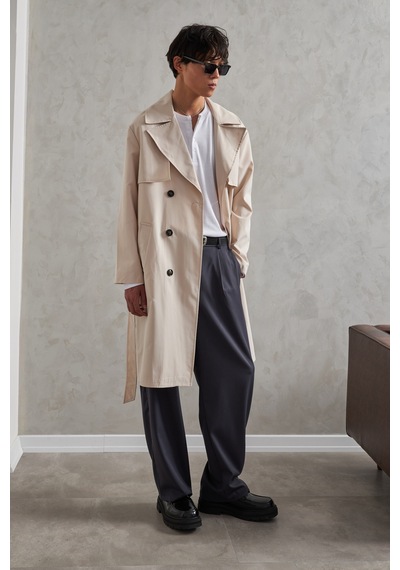 Erkek Kruvaze Yaka Oversize Trençkot Krem