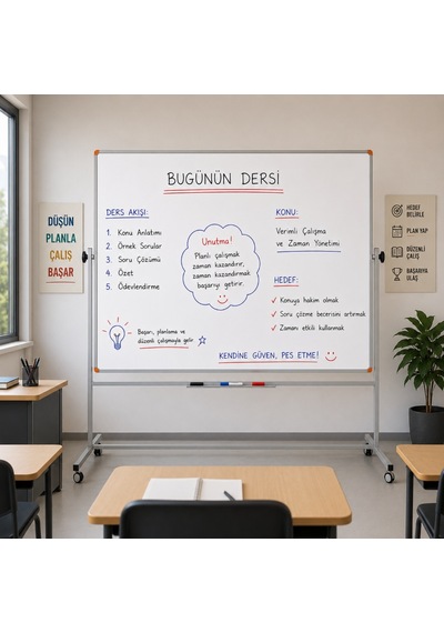Emaye Yüzey 360 Dönerli Mobil Yazı Tahtası 120x140cm Beyaz