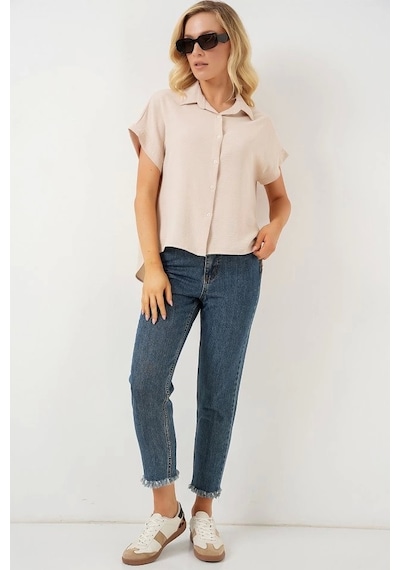 Defymoda Oversize Kısa Kol Gömlek 20322 - Krem Krem