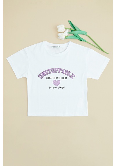 Fullamoda Unstoppable Baskılı Kız Çocuk Crop Tişört Beyaz
