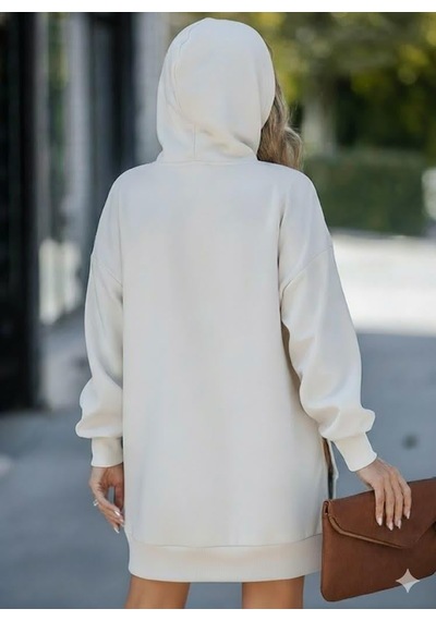 Afri Kadın Oversize Kapüşonlu Sweatshirt Yan Fermuar Detaylı Uzun Kollu Ekru Tunik Ekru