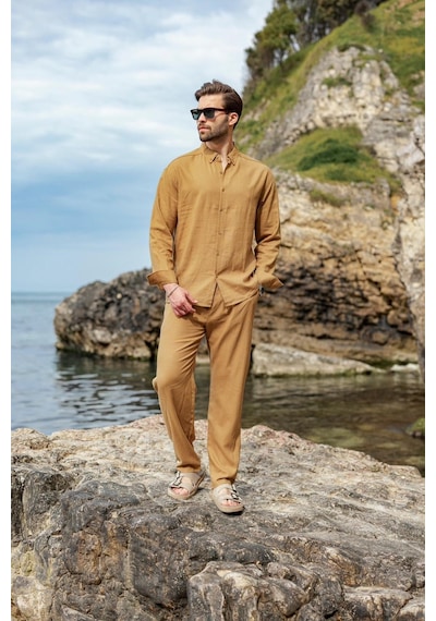 Madmext Hardal Rahat Kesim Keten Erkek Gömlek Pantolon Takım E7362