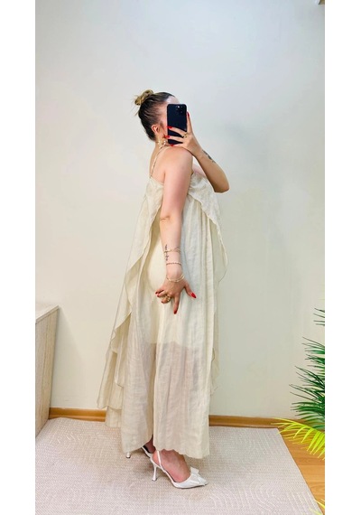Elora Atelier Büzgülü Askılı Ekru Maxi Boy Elbise Çok Renkli