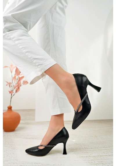 Nesilshoes Nesil Shoes Tam 501 Siyah Taşlı Topuklu Kadın Stiletto