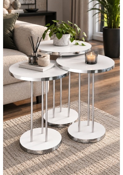 Sulorahome Gümüş Metal Ayaklı Beyaz 3'lü Zigon Sehpa Takımı