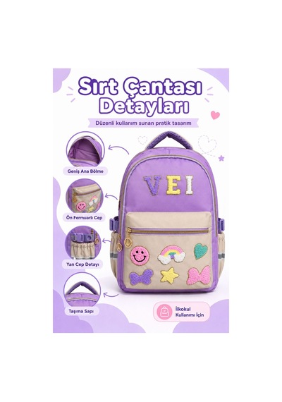 З'lü İlkokul Su Geçirmez Kumaş Çanta Seti Kız Çocuk Sırt Çantası + İçi Folyolu Beslenme Çantası + Kalemlik Mor Mor