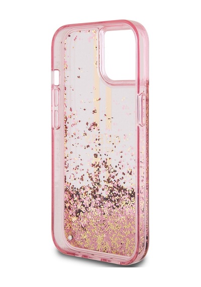 Apple Uyumlu iPhone 14 Kılıf Guess Lisanslı Transparan Sıvılı Simli Altın Çizgili Kapak Pembe