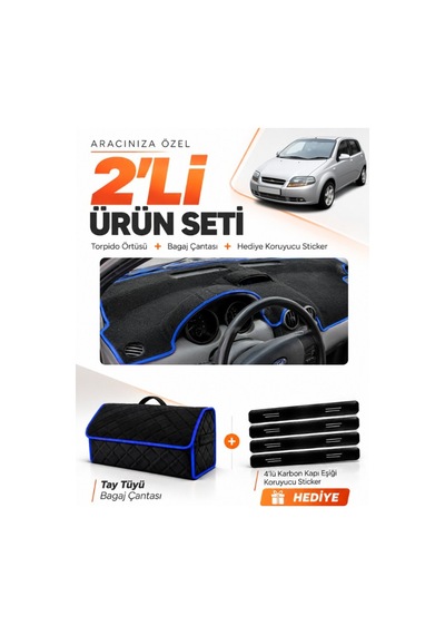 E-biz Chevrolet Kalos 2009-2013 Uyumlu Torpido Örtüsü + Tay Tüyü Çanta - Siyah-mavi - Ch004