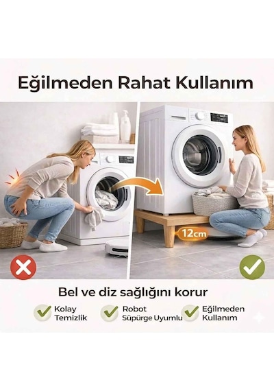 İmt Aksesuar Çamaşır Makinesi Yükseltici Platform 60x60x12 Cm Açık Meşe Robot Süpürge Uyumlu Ti Standart