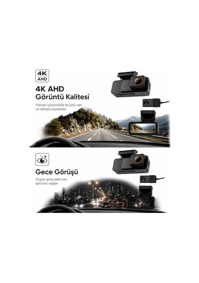 Bagajon 4k Pro Ultra Hd Wifi Gps Adas Araç İçi Kamera Yapay Zeka, Gece Görüşü, G-sensör, 24 Saat Park Modu, Ön + Arka Kamera