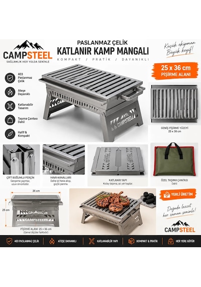 Ankabey06 Campsteel Paslanmaz Çelik Katlanır Portatif Kamp Mangalı & Barbekü 25x36 Cm Aile Boyu Gri