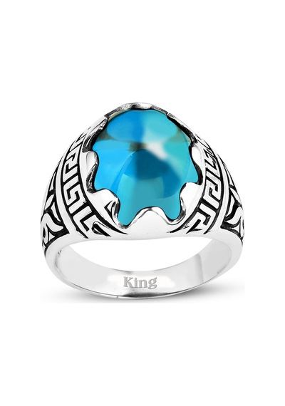 Kuyumcudukkani Düz Oval Kubbe Kesim Taşlı Gümüş Erkek Yüzük-60003-w-blu 31 Beyaz