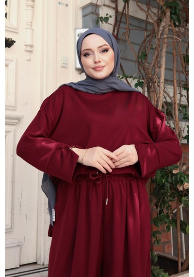 Balenbi Oysh Modal Kumaş Salaş Kesim Bol Paça Tesettür Tunik Takım 3833 Bordo