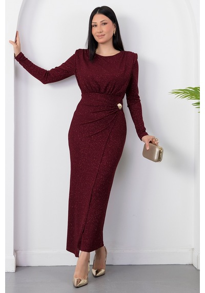 Kalopya Oval Yaka Uzun Kol Simli Elbise Grs4155 Bordo